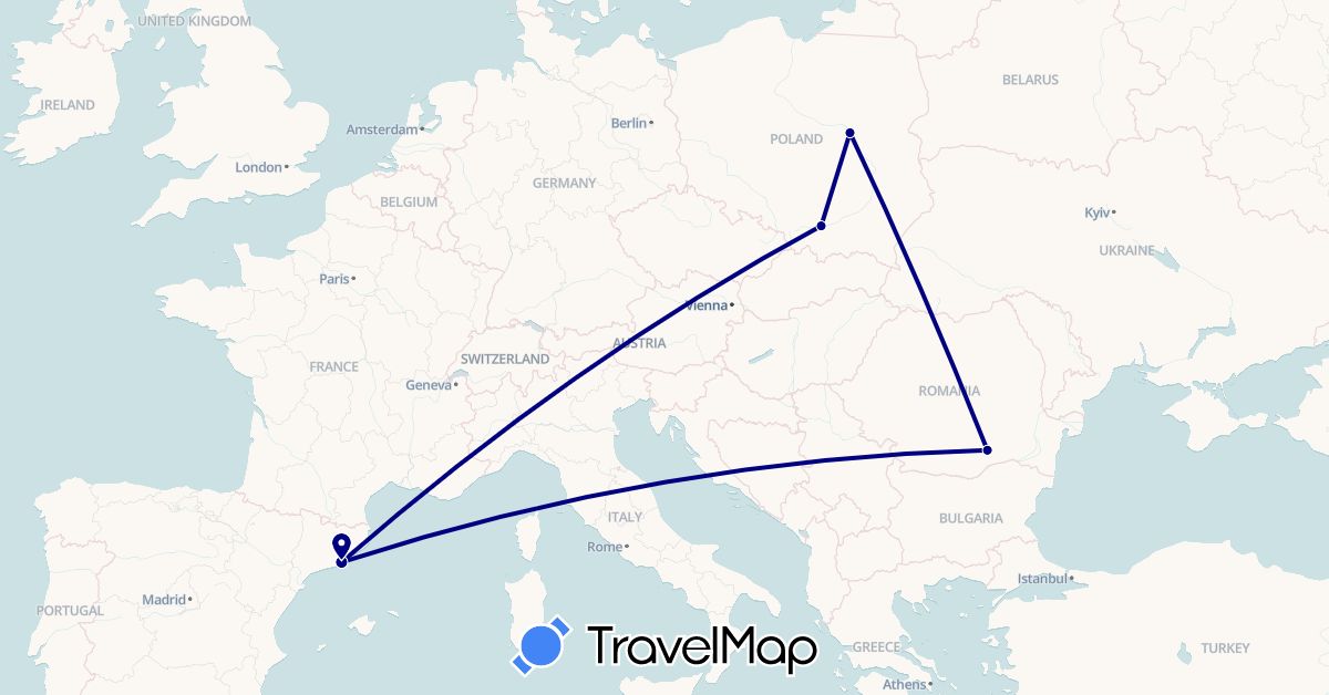 TravelMap itinerary: driving in Spain, Poland, Romania (Europe)
